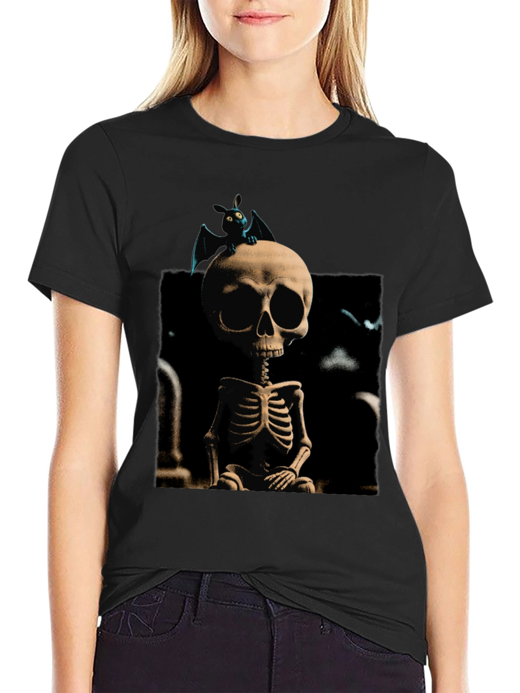 Spooky Skeleton & Bat Graphic Tee