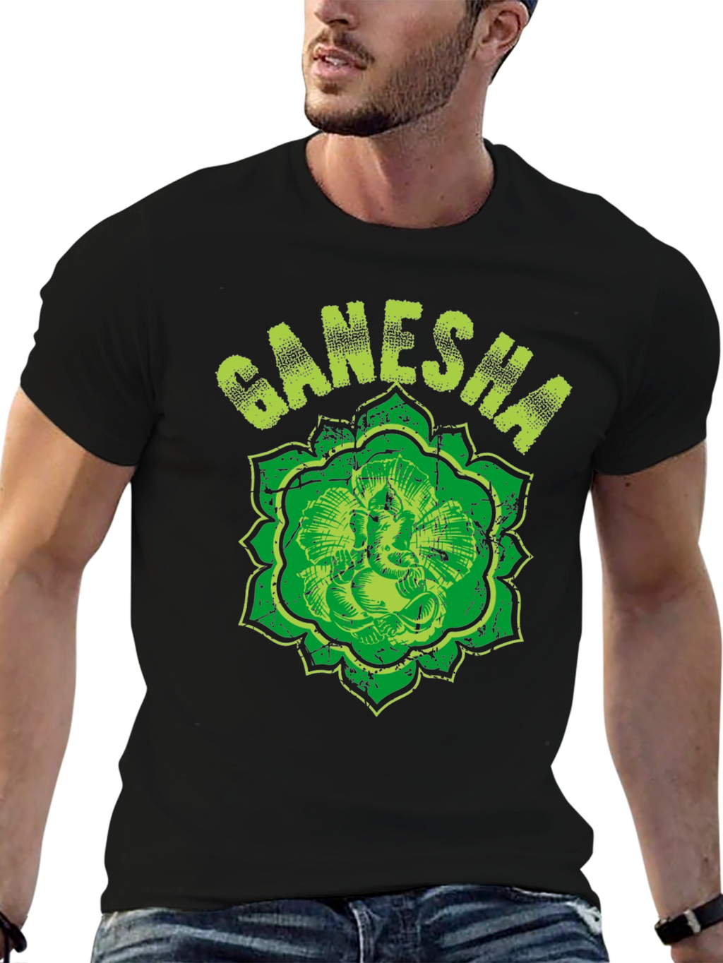 Ganesha Graphic Tee - Distressed Print Black T-Shirt