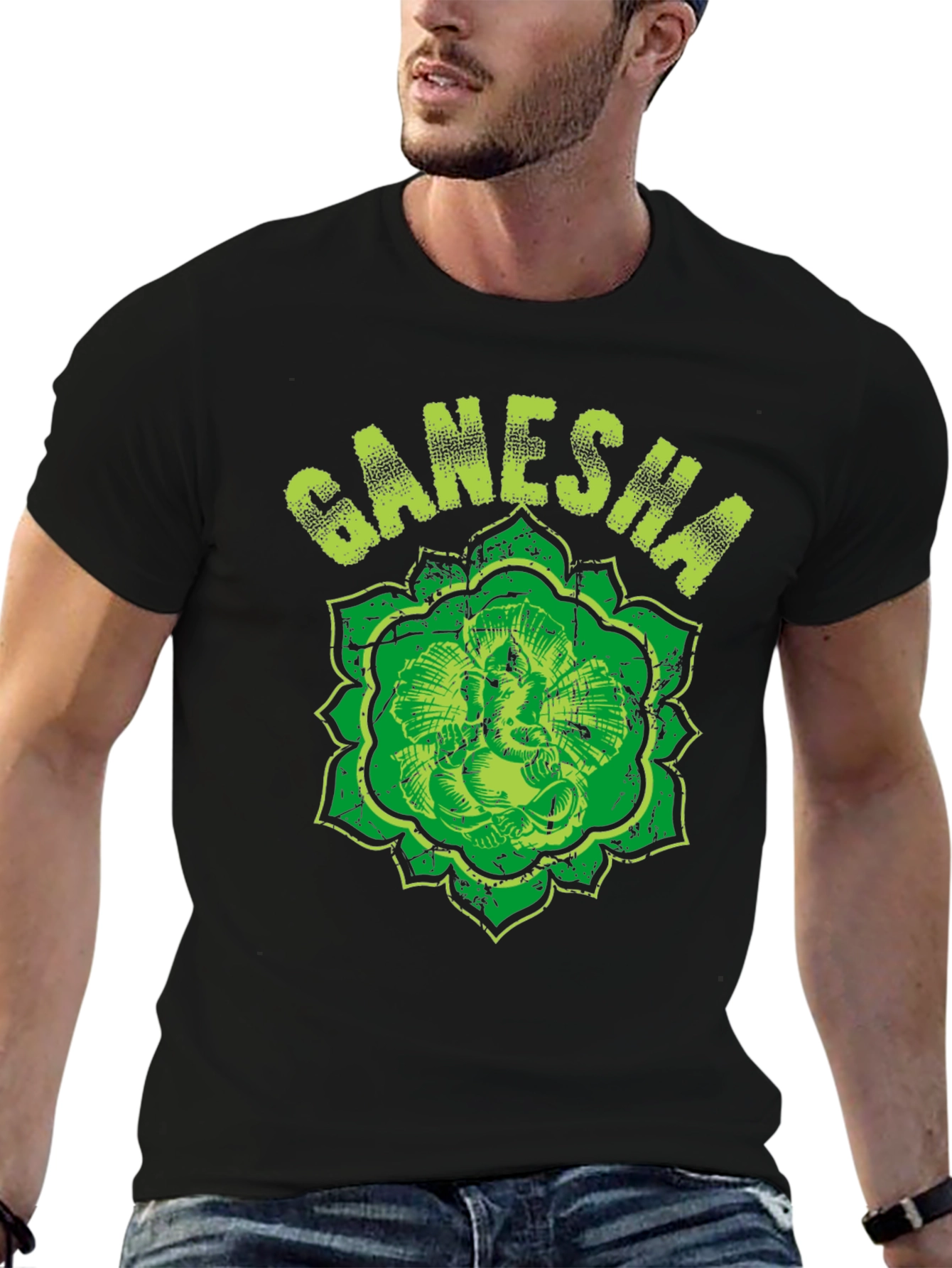 Ganesha Graphic Tee - Distressed Print Black T-Shirt