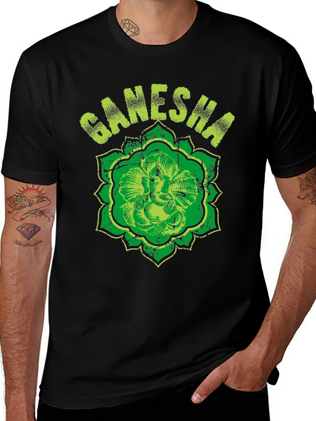 Ganesha Graphic Tee - Distressed Print Black T-Shirt