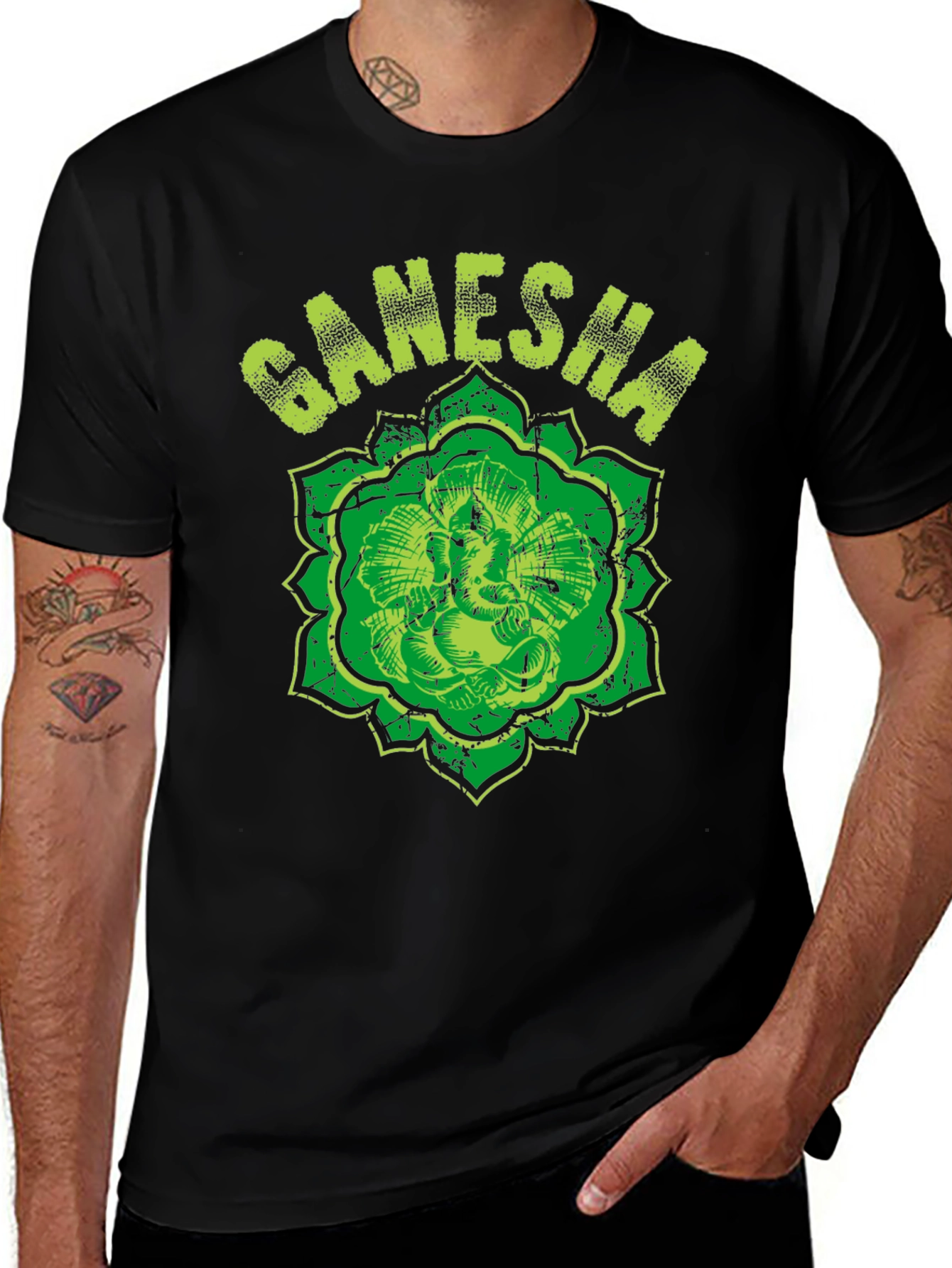 Ganesha Graphic Tee - Distressed Print Black T-Shirt