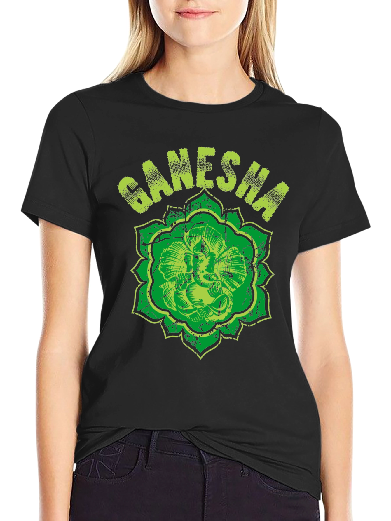 Ganesha Graphic Tee - Distressed Print Black T-Shirt