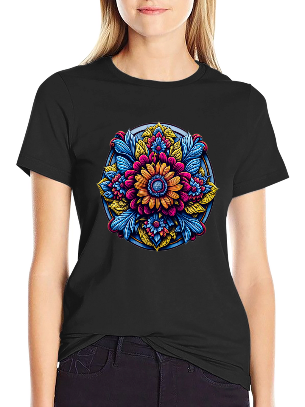 Floral Mandala Graphic Black T-Shirt