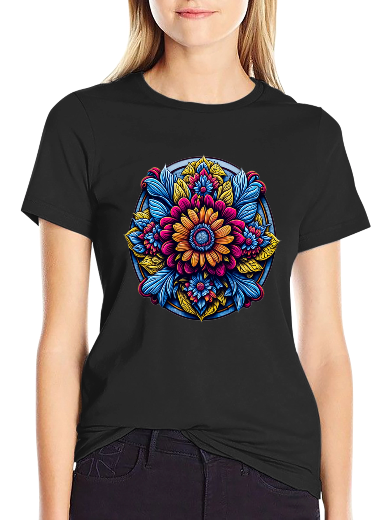 Floral Mandala Graphic Black T-Shirt