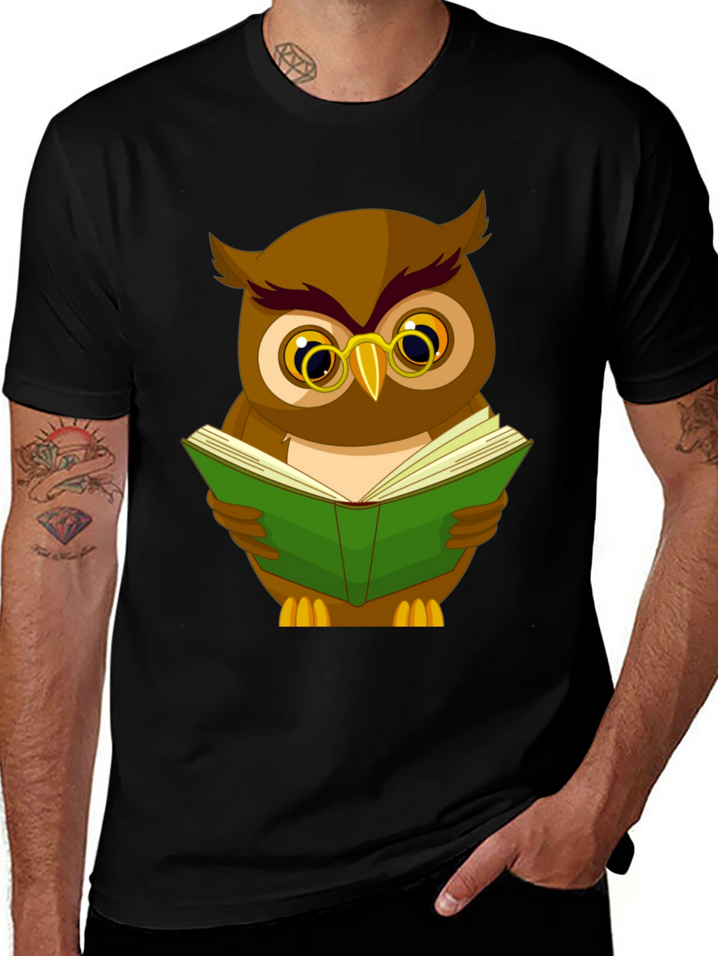 Owl Reading Book Graphic Tee - Black