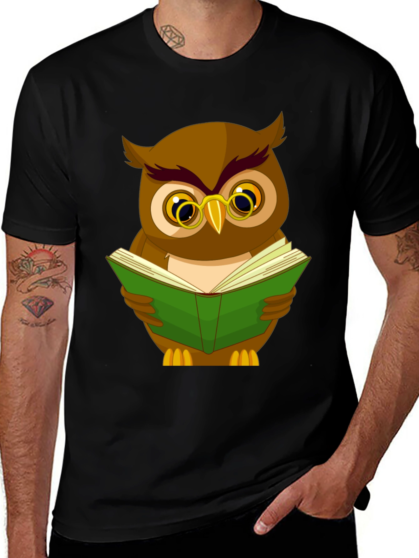 Owl Reading Book Graphic Tee - Black