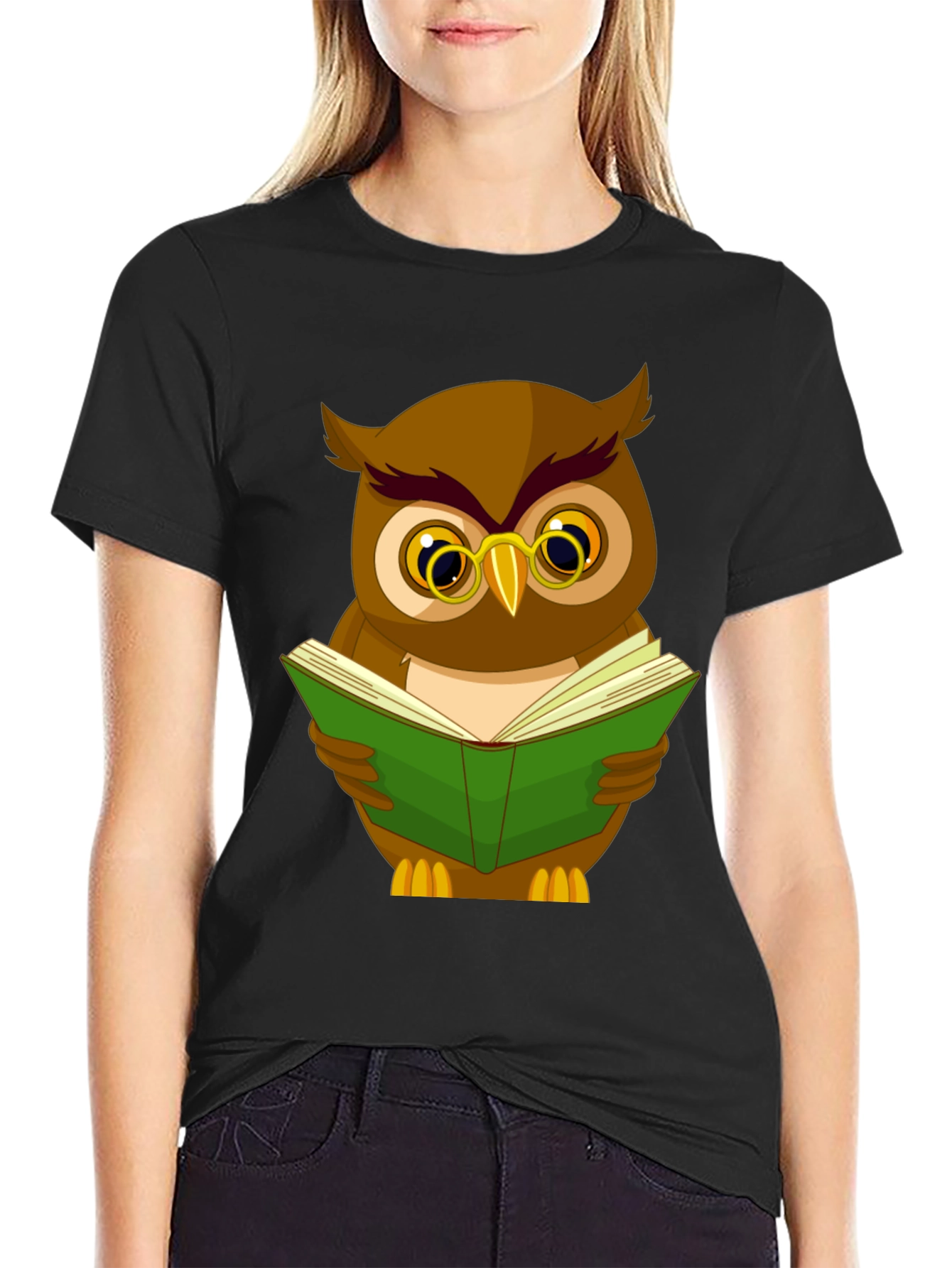 Owl Reading Book Graphic Tee - Black