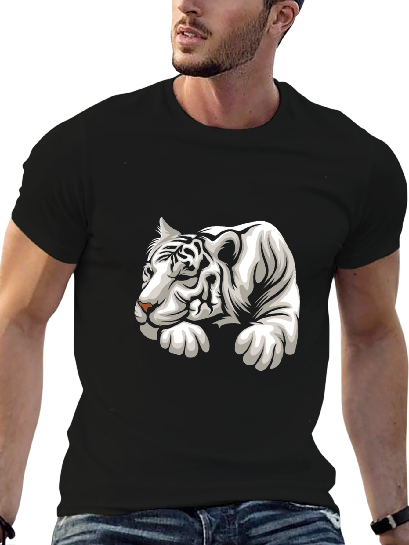 Cool White Tiger Graphic Tee - Black Cotton T-Shirt
