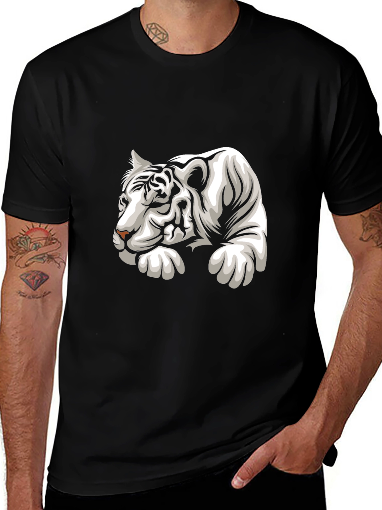 Cool White Tiger Graphic Tee - Black Cotton T-Shirt