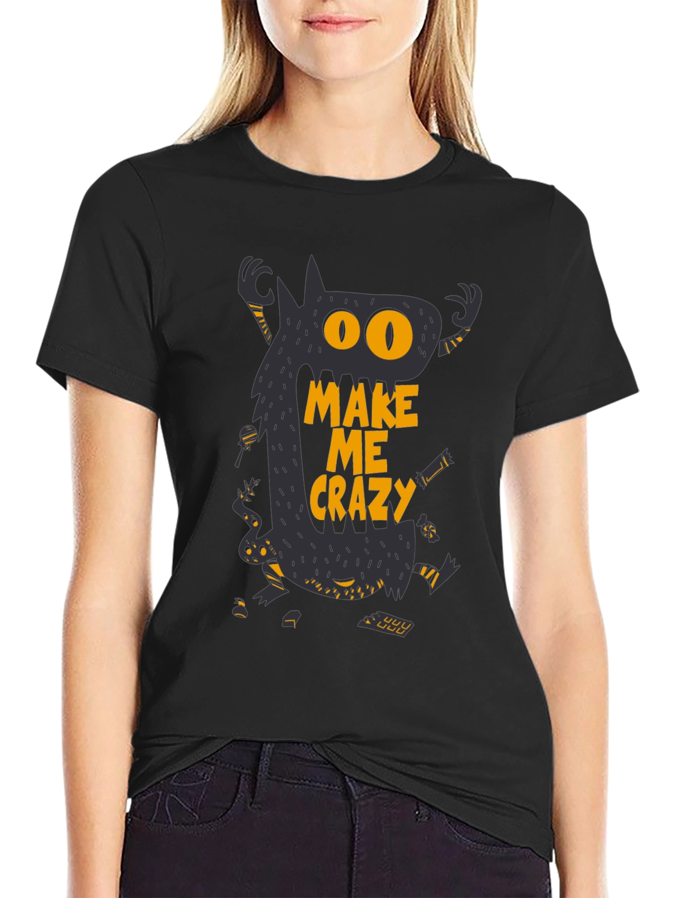 Monster Make Me Crazy Graphic Print Mens Black T-Shirt