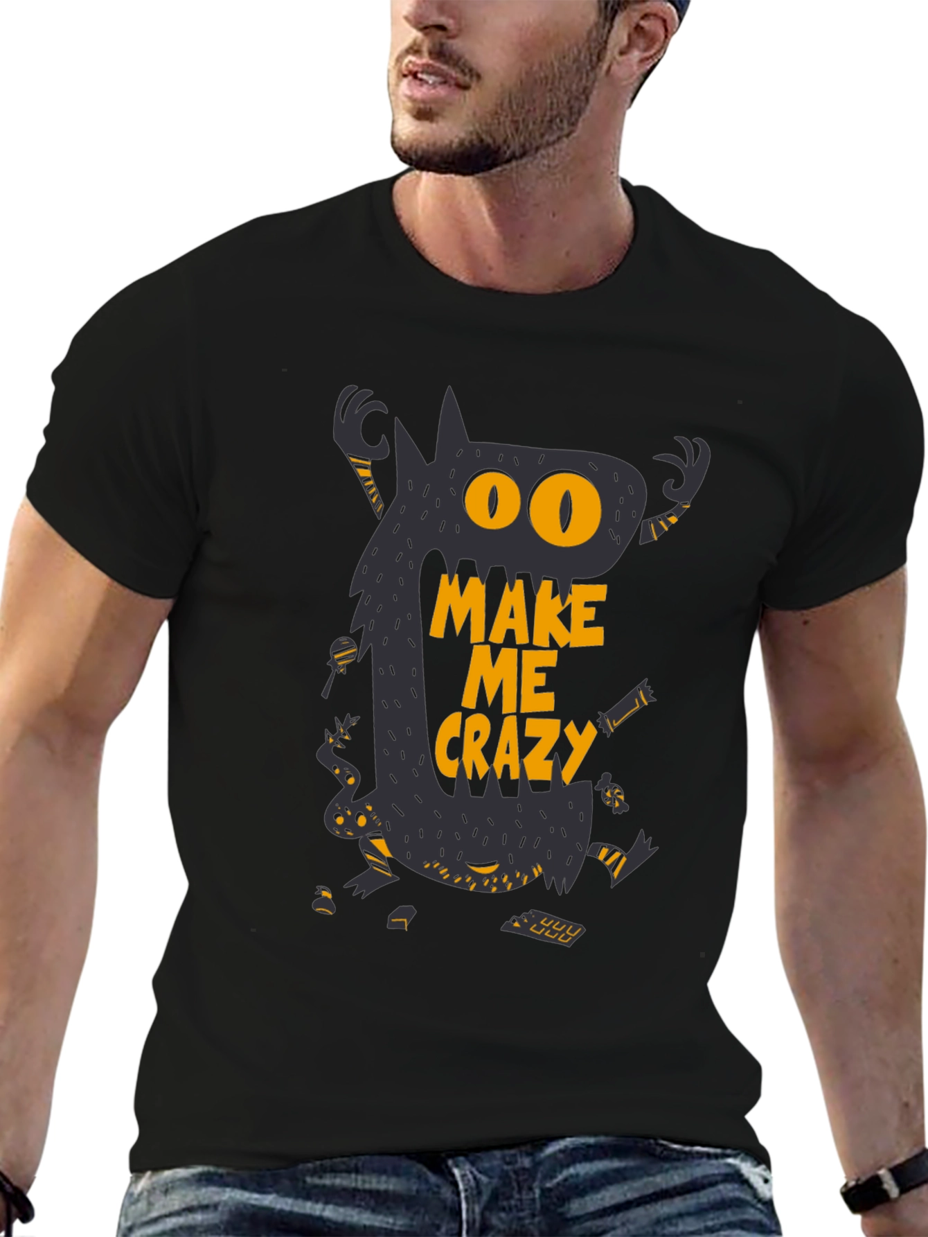 Monster Make Me Crazy Graphic Print Mens Black T-Shirt
