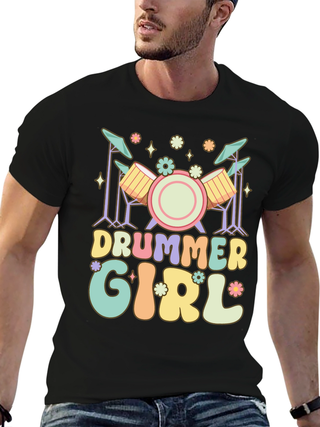 Drummer Girl Graphic Tee - Black Casual T-Shirt