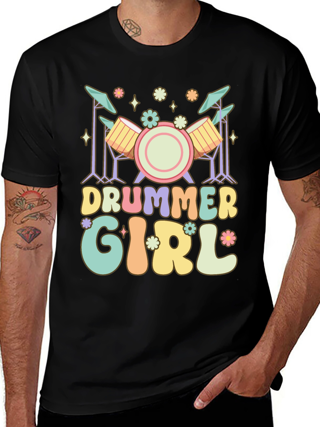Drummer Girl Graphic Tee - Black Casual T-Shirt