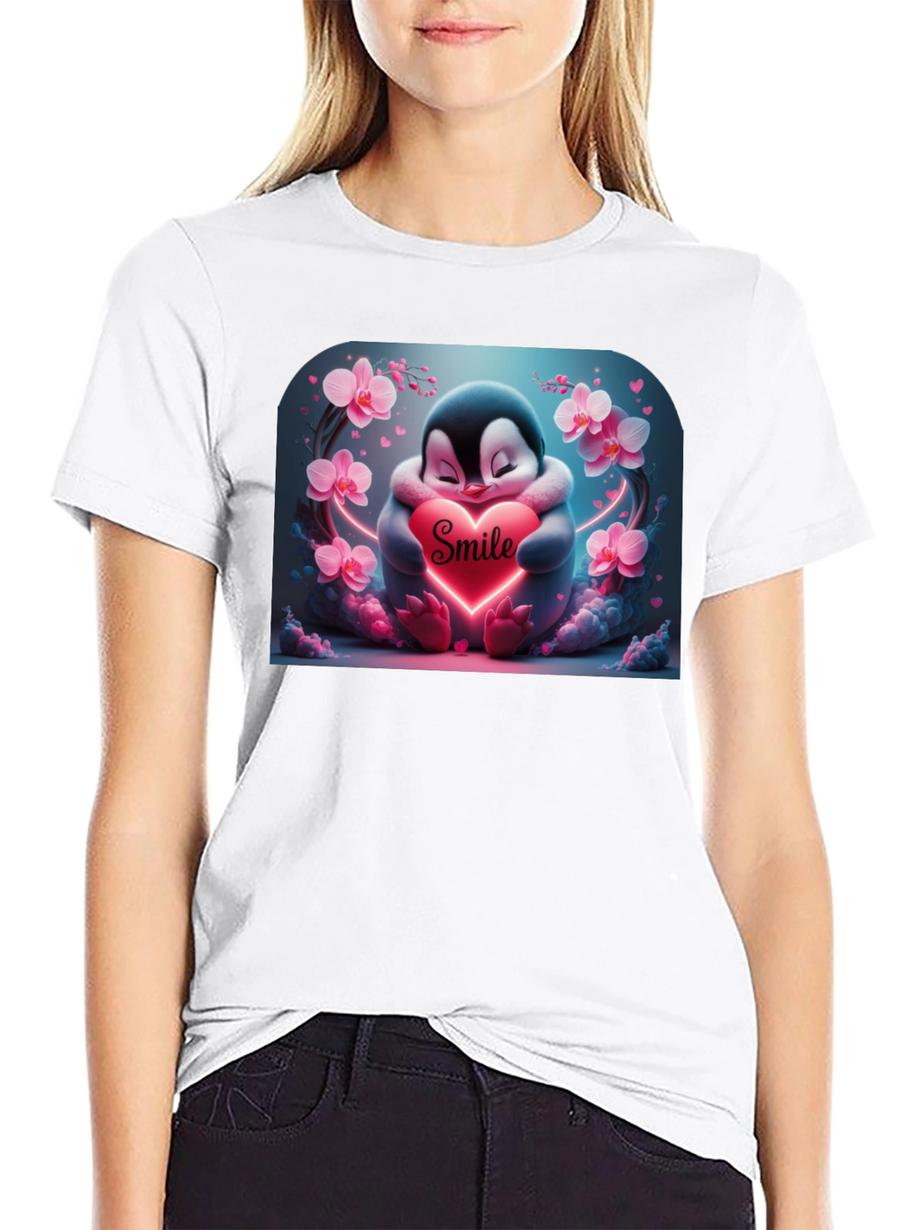 Cute Penguin Smile Heart Graphic Black T-Shirt
