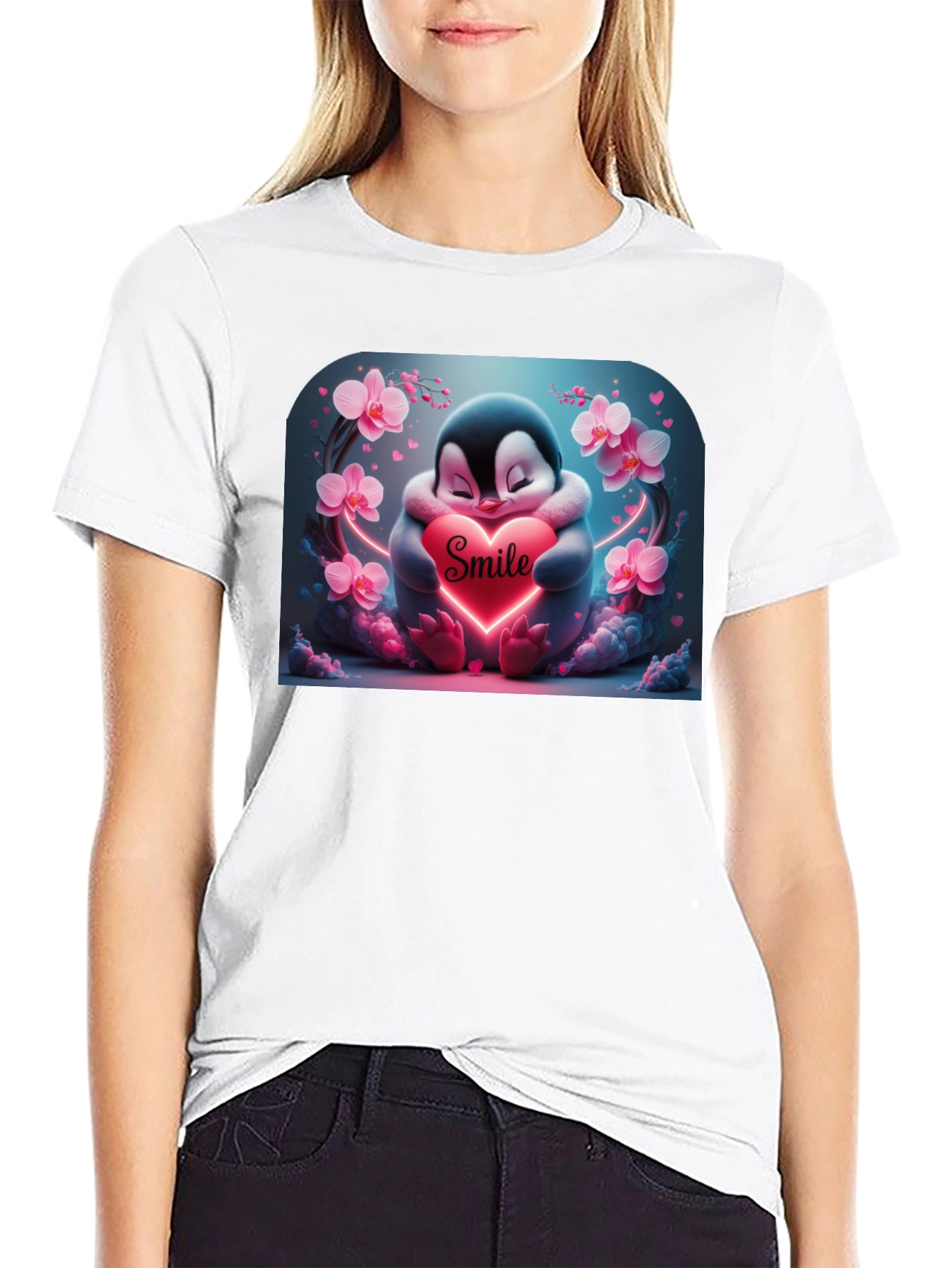 Cute Penguin Smile Heart Graphic Black T-Shirt