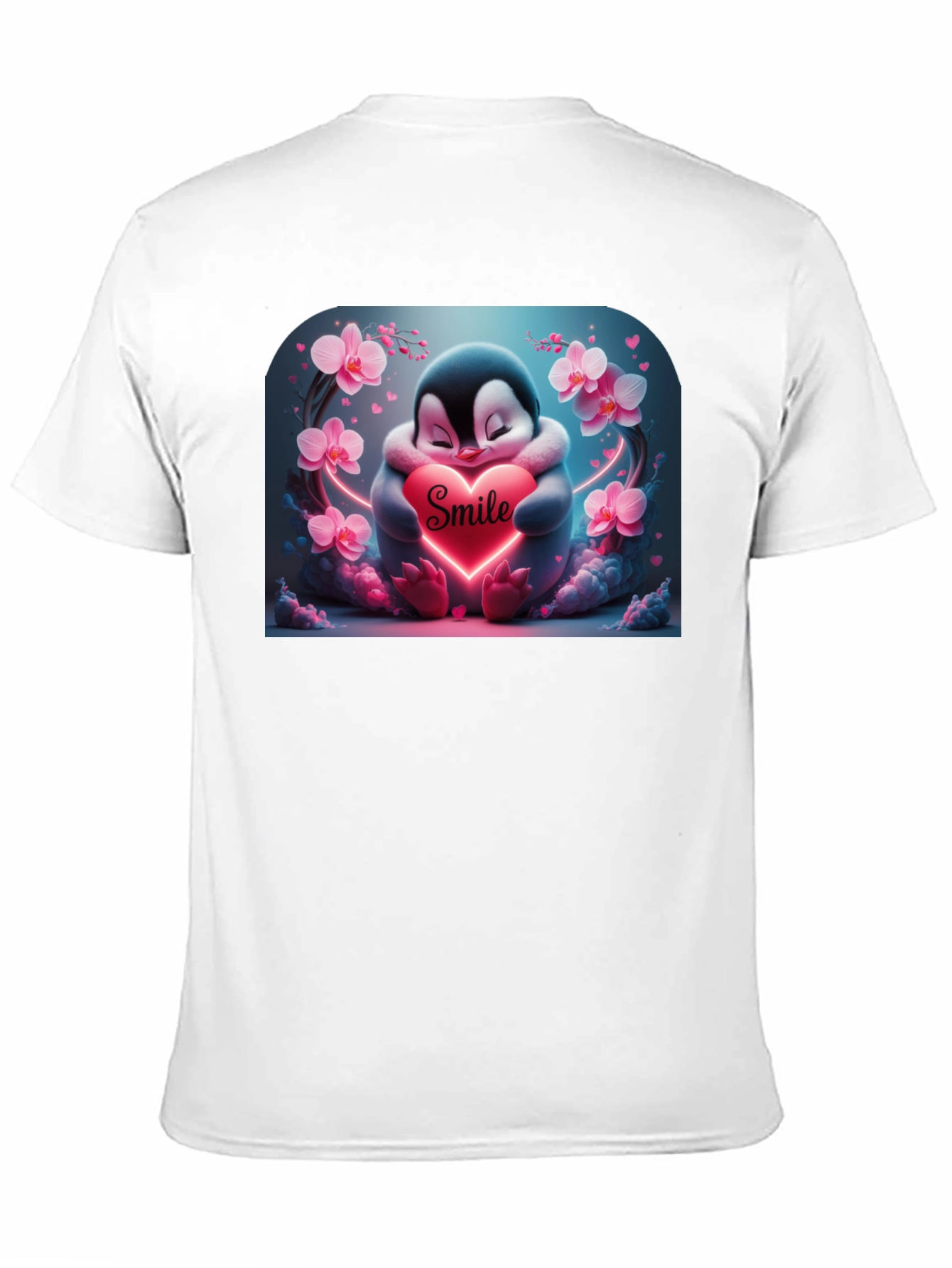 Cute Penguin Smile Heart Graphic Black T-Shirt