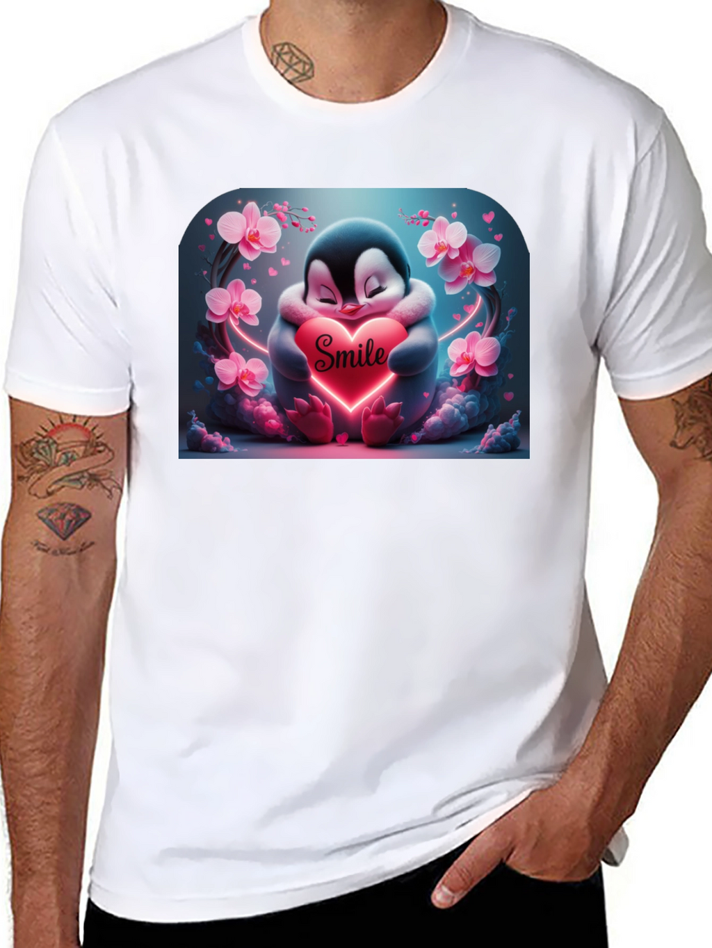 Cute Penguin Smile Heart Graphic Black T-Shirt