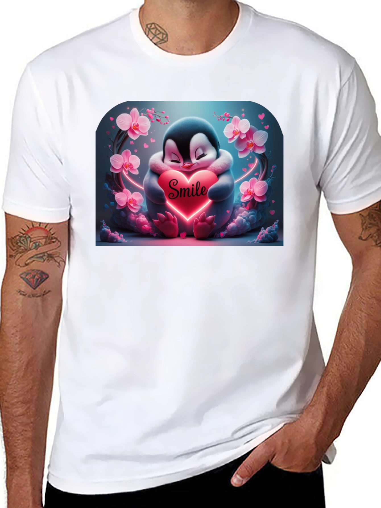 Cute Penguin Smile Heart Graphic Black T-Shirt