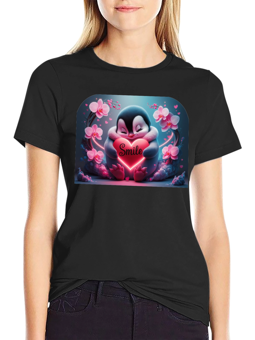 Cute Penguin Smile Heart Graphic Black T-Shirt