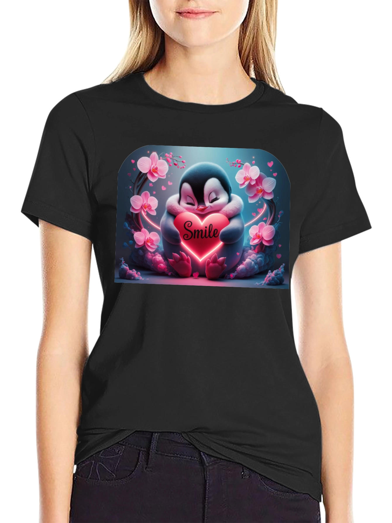 Cute Penguin Smile Heart Graphic Black T-Shirt