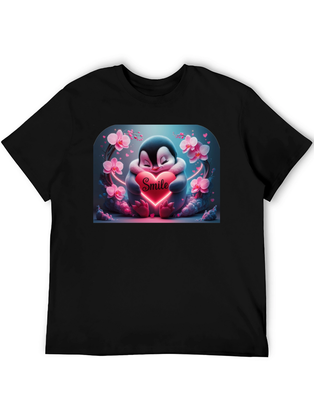 Cute Penguin Smile Heart Graphic Black T-Shirt