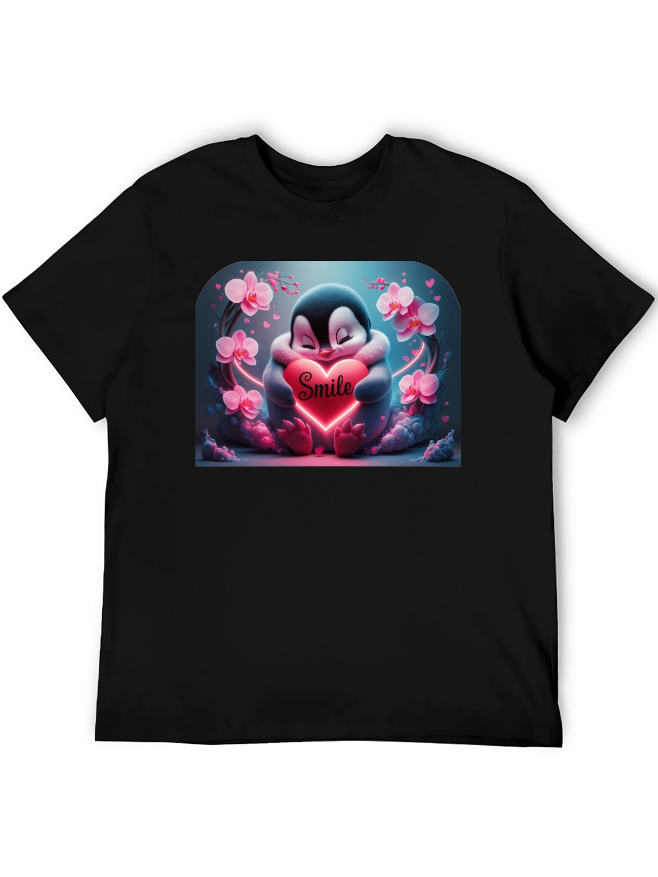 Cute Penguin Smile Heart Graphic Black T-Shirt