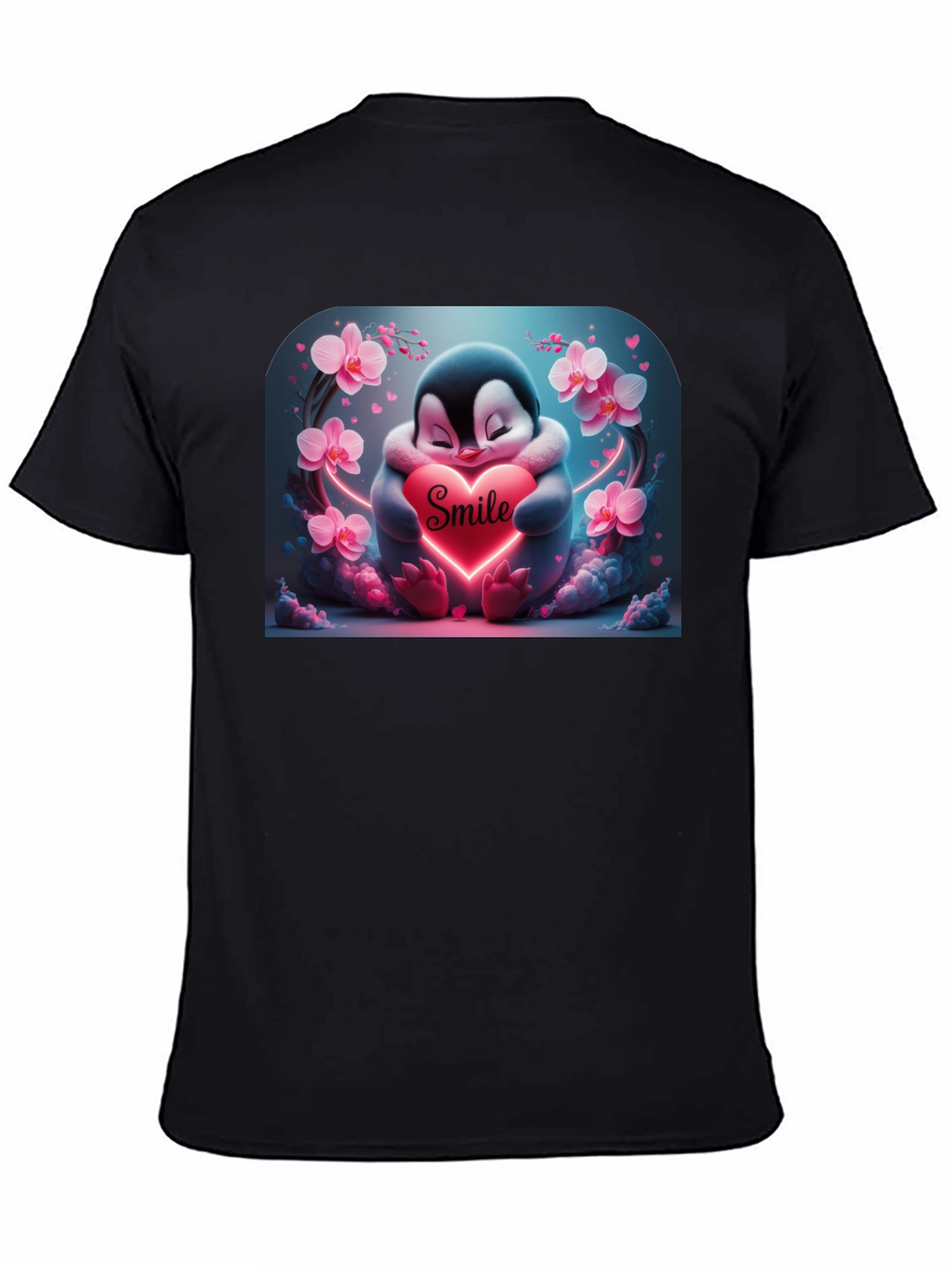 Cute Penguin Smile Heart Graphic Black T-Shirt