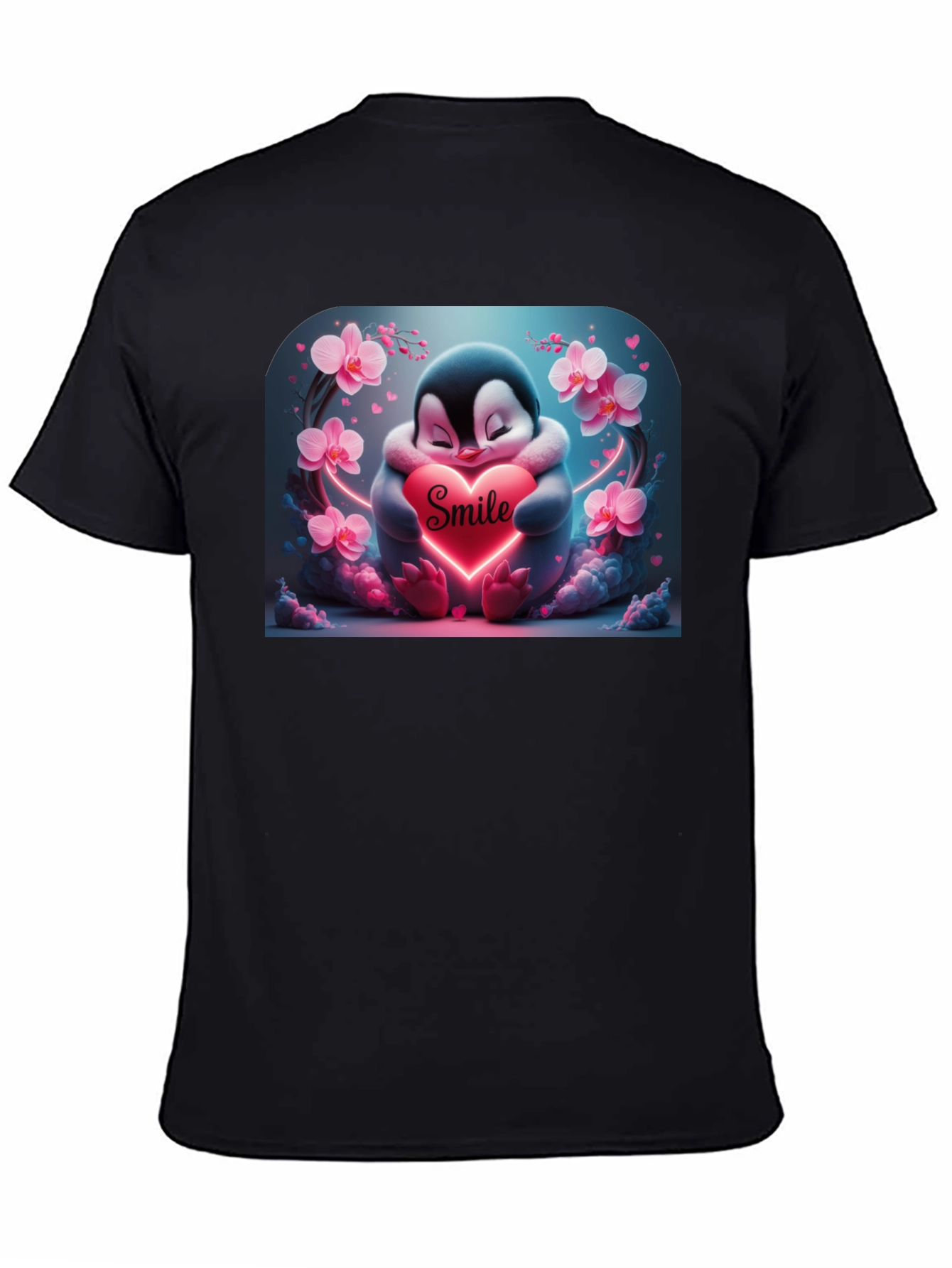 Cute Penguin Smile Heart Graphic Black T-Shirt