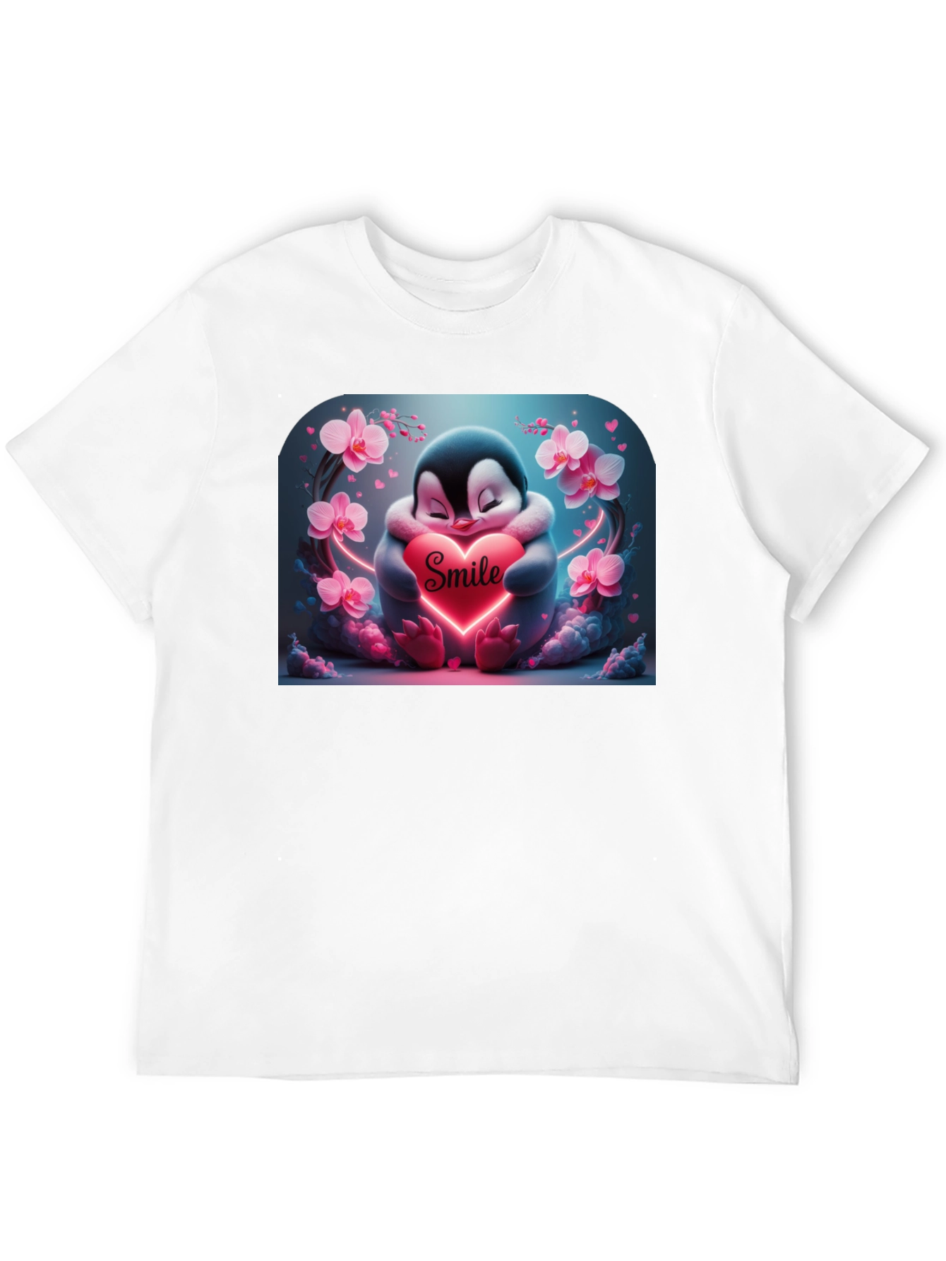 Cute Penguin Smile Heart Graphic Black T-Shirt