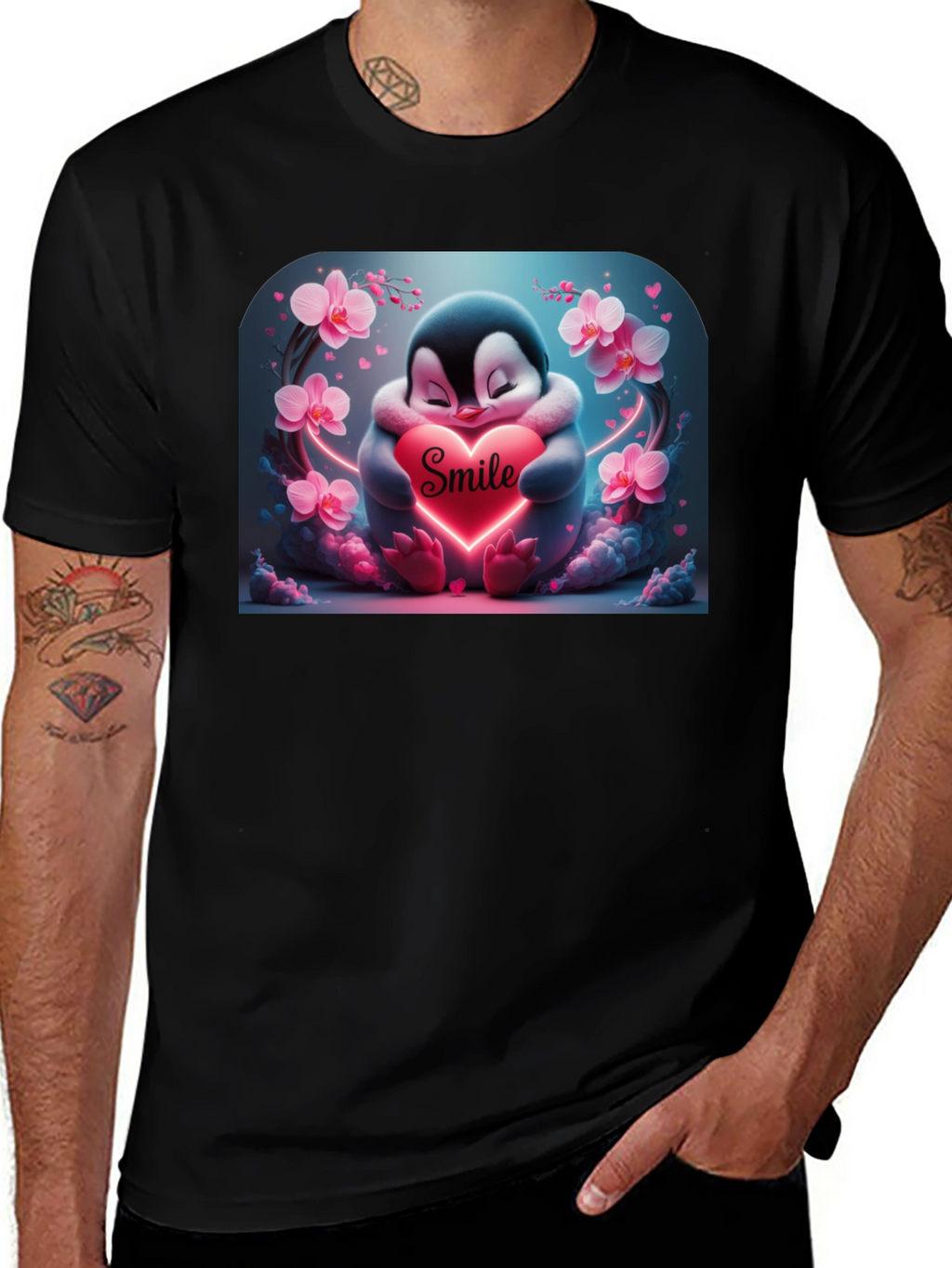Cute Penguin Smile Heart Graphic Black T-Shirt