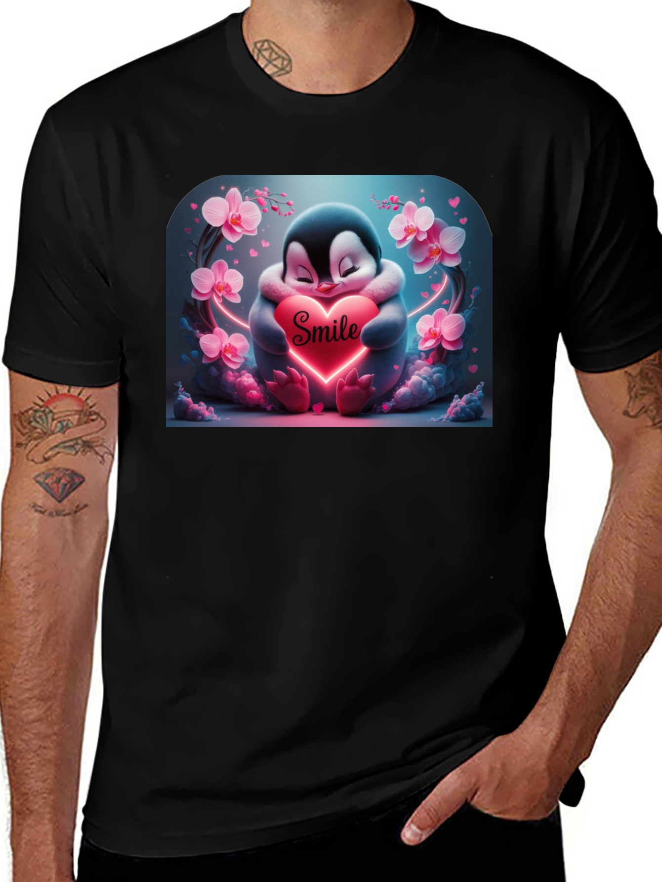 Cute Penguin Smile Heart Graphic Black T-Shirt