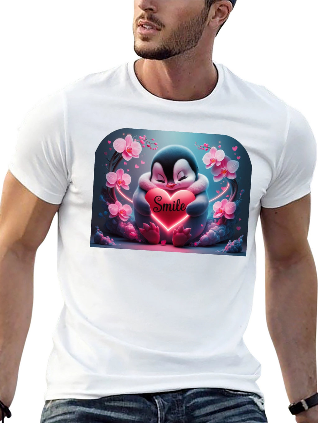 Cute Penguin Smile Heart Graphic Black T-Shirt