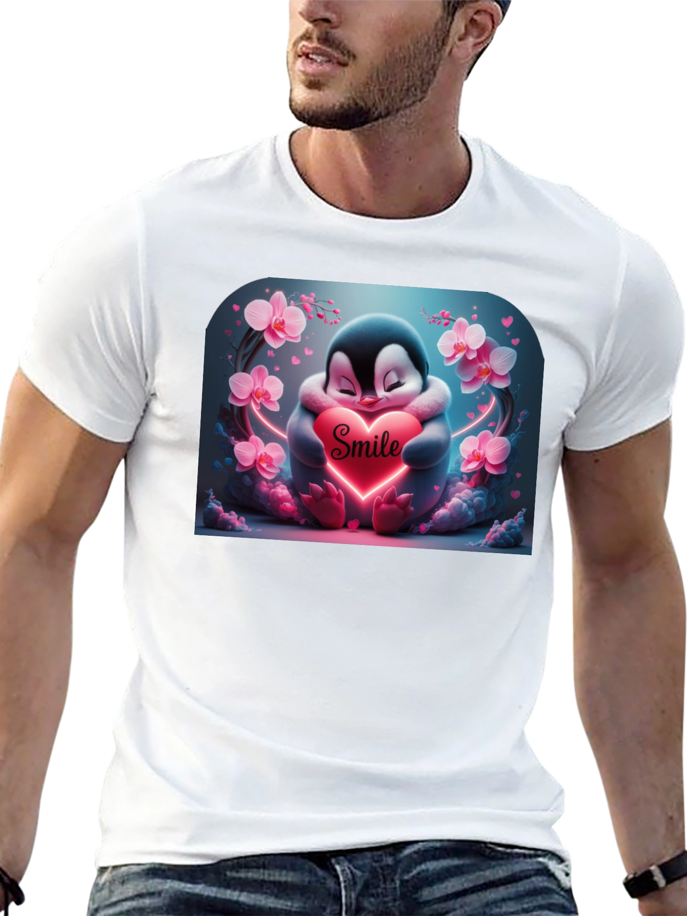 Cute Penguin Smile Heart Graphic Black T-Shirt