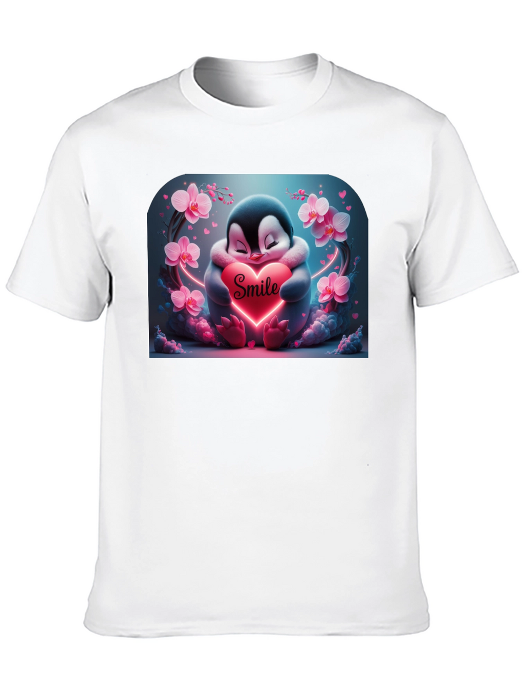 Cute Penguin Smile Heart Graphic Black T-Shirt