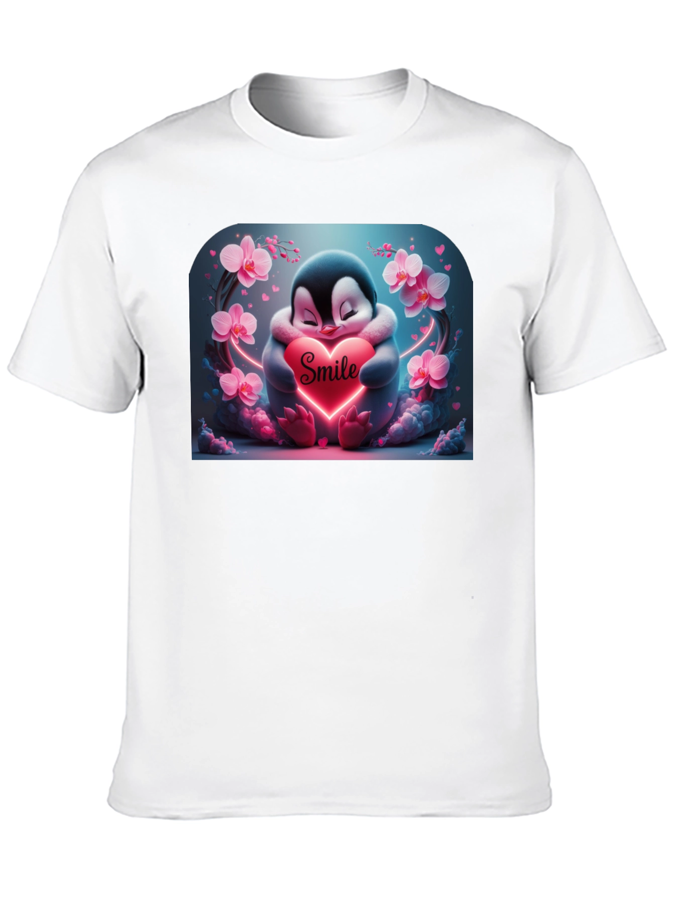 Cute Penguin Smile Heart Graphic Black T-Shirt