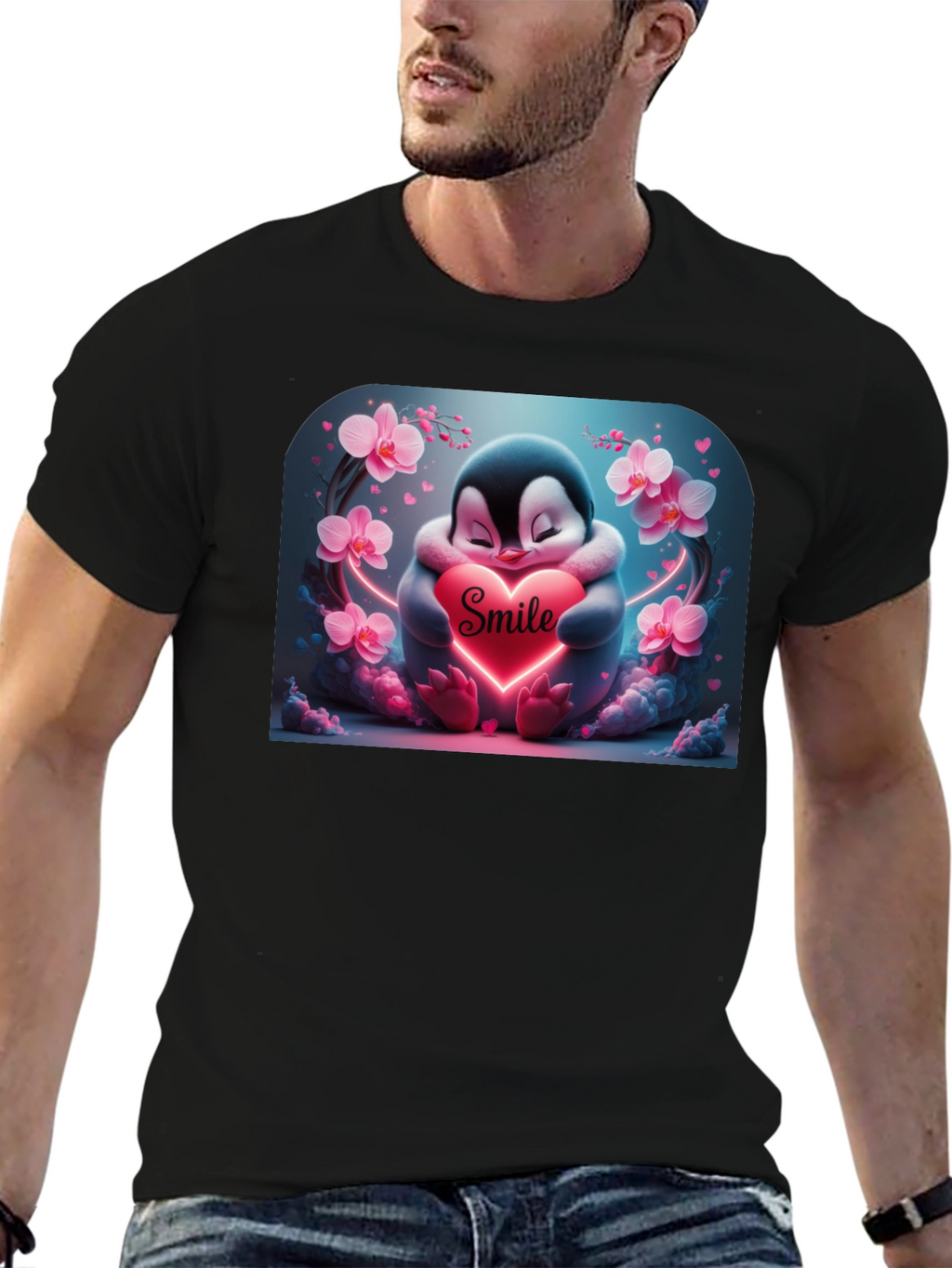 Cute Penguin Smile Heart Graphic Black T-Shirt