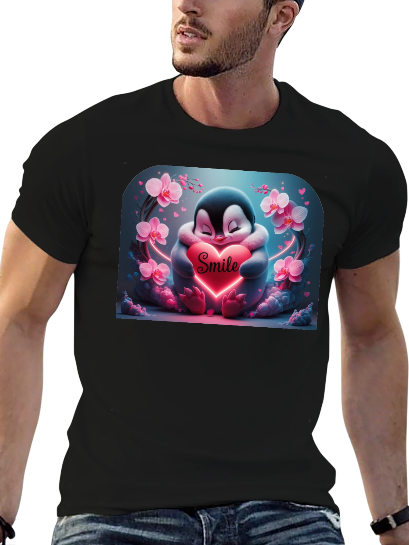 Cute Penguin Smile Heart Graphic Black T-Shirt