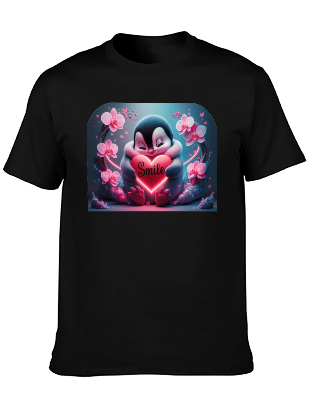 Cute Penguin Smile Heart Graphic Black T-Shirt