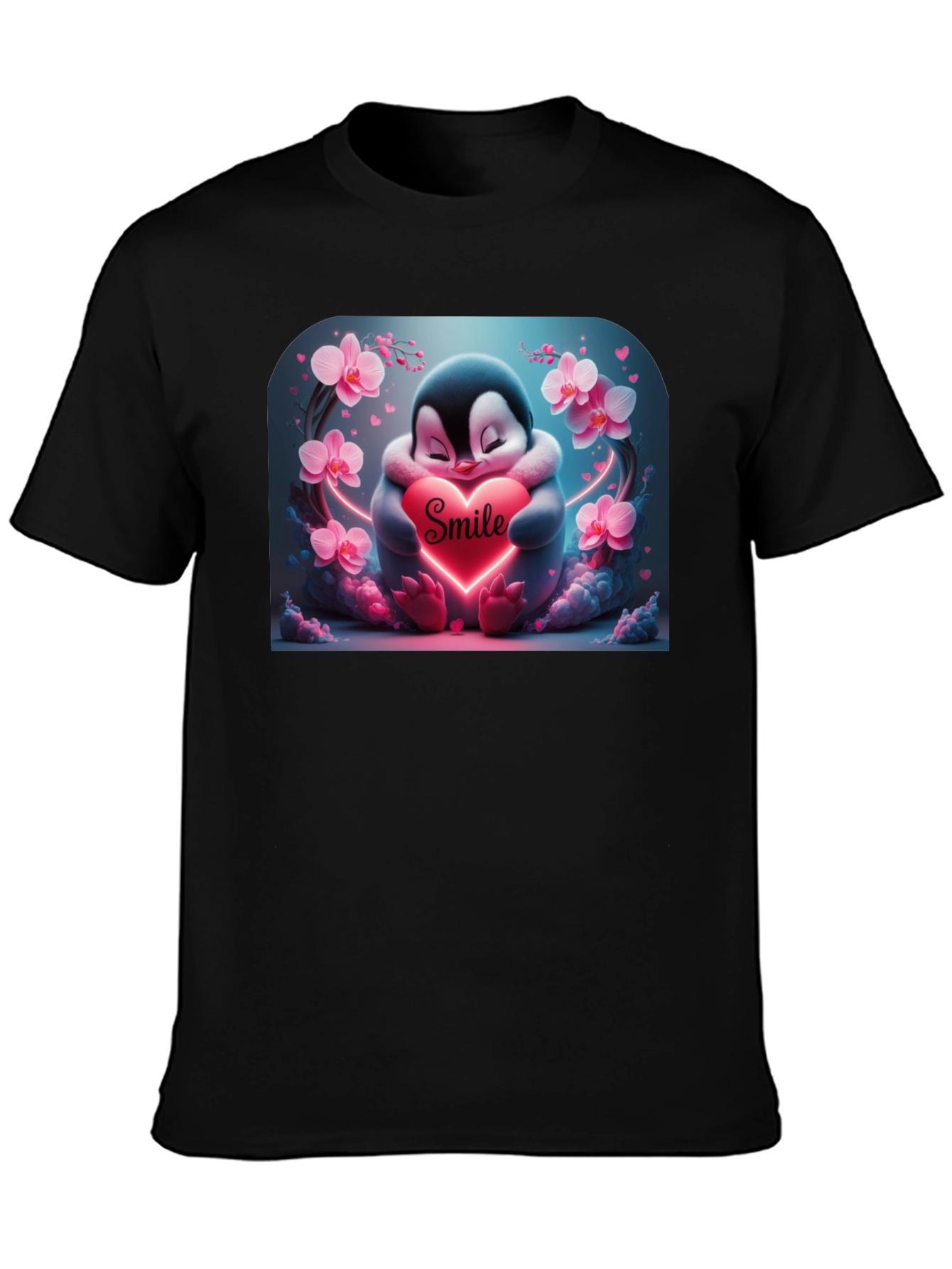 Cute Penguin Smile Heart Graphic Black T-Shirt