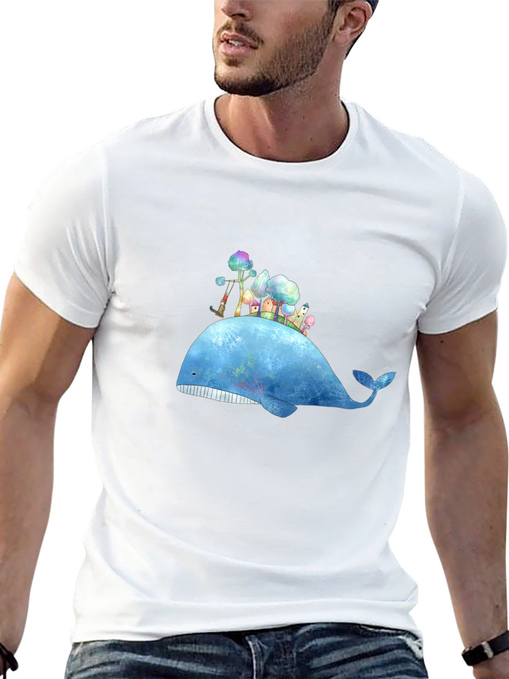 Whimsical Whale Island Graphic Tee - Black