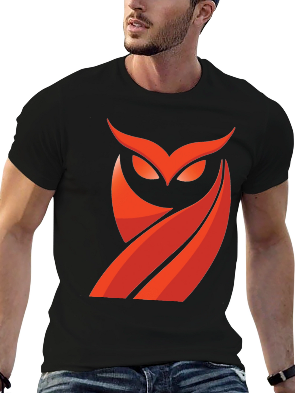 Mens Black T-Shirt with Red Owl Graphic