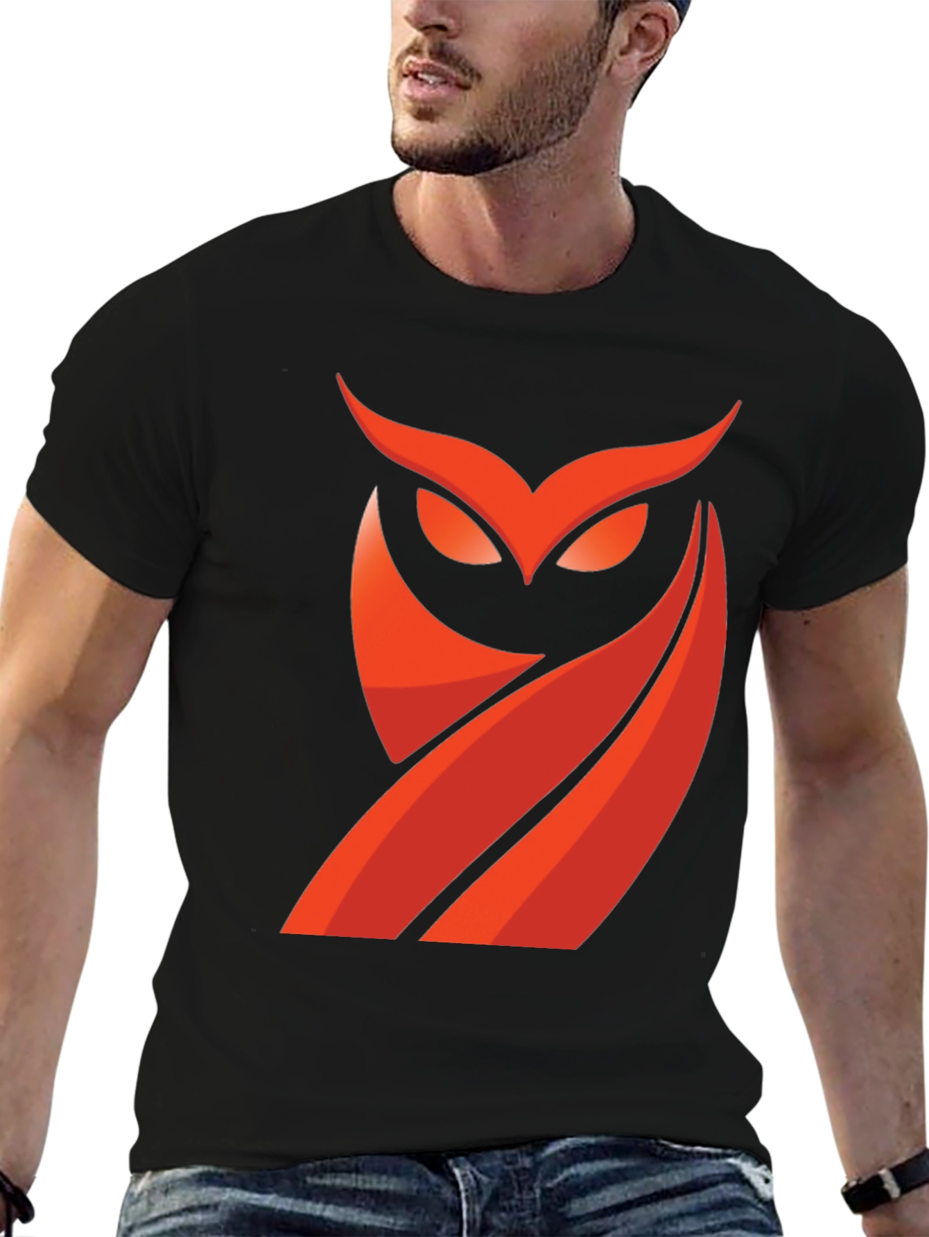 Mens Black T-Shirt with Red Owl Graphic