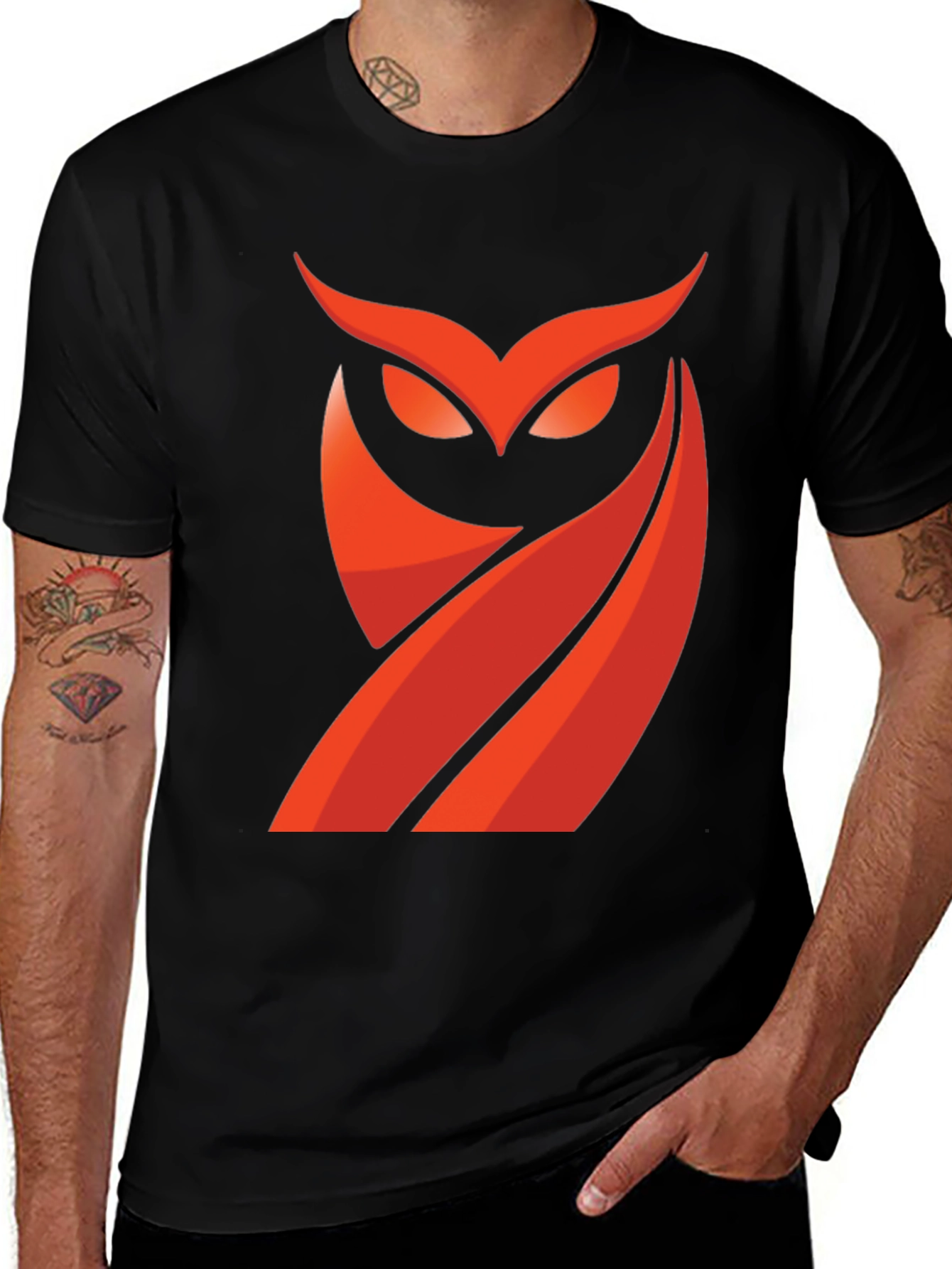Mens Black T-Shirt with Red Owl Graphic