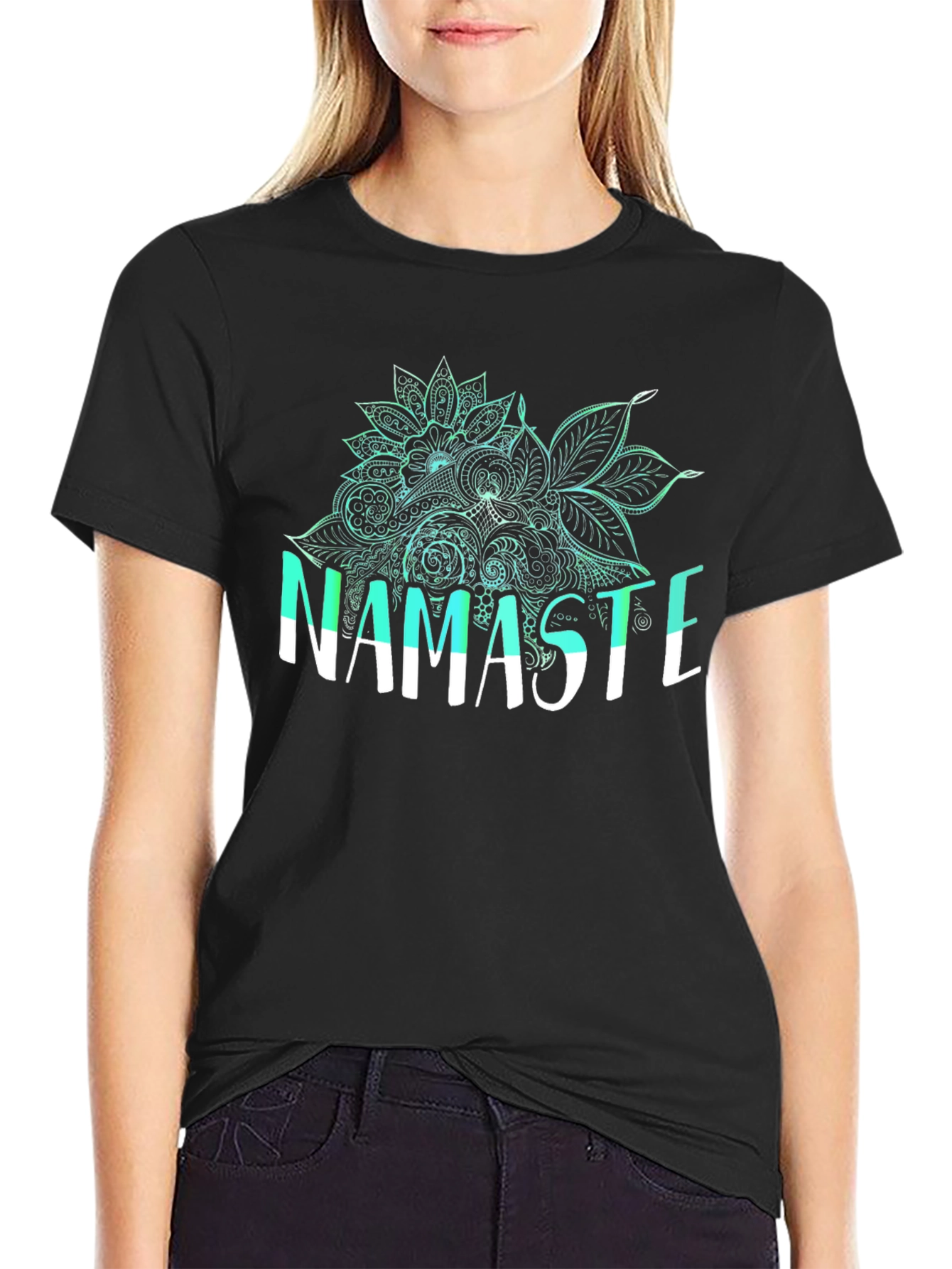 Namaste Floral Graphic Tee - Black Cotton Blend Shirt