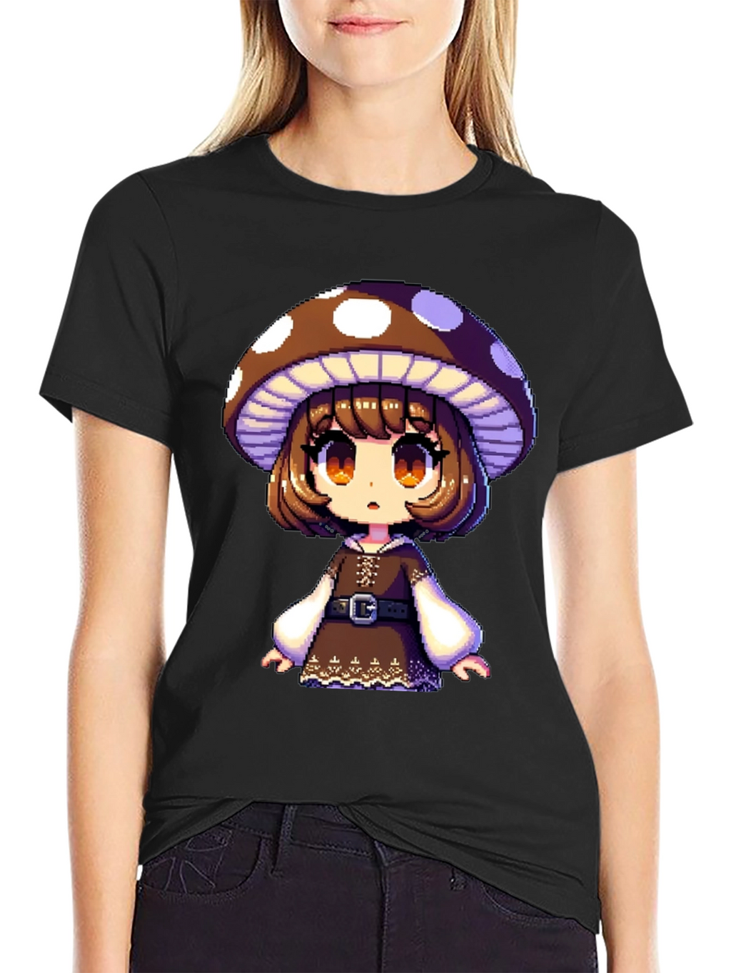Mushroom Girl Graphic Tee - Black Cotton Blend