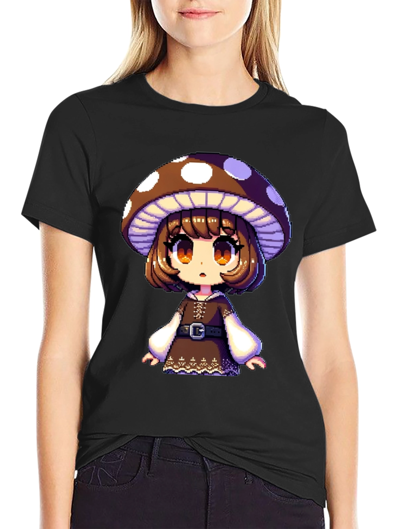 Mushroom Girl Graphic Tee - Black Cotton Blend