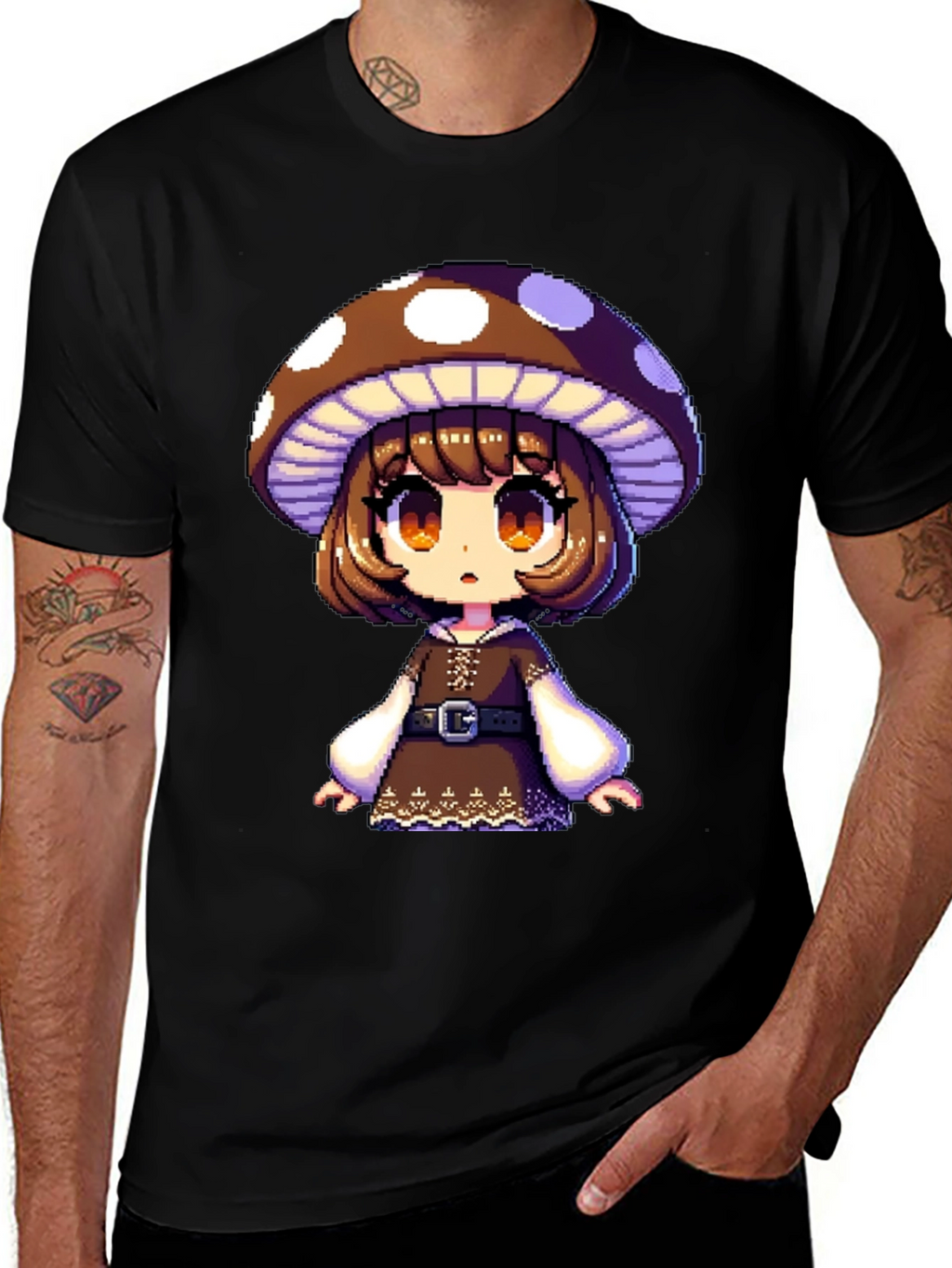 Mushroom Girl Graphic Tee - Black Cotton Blend