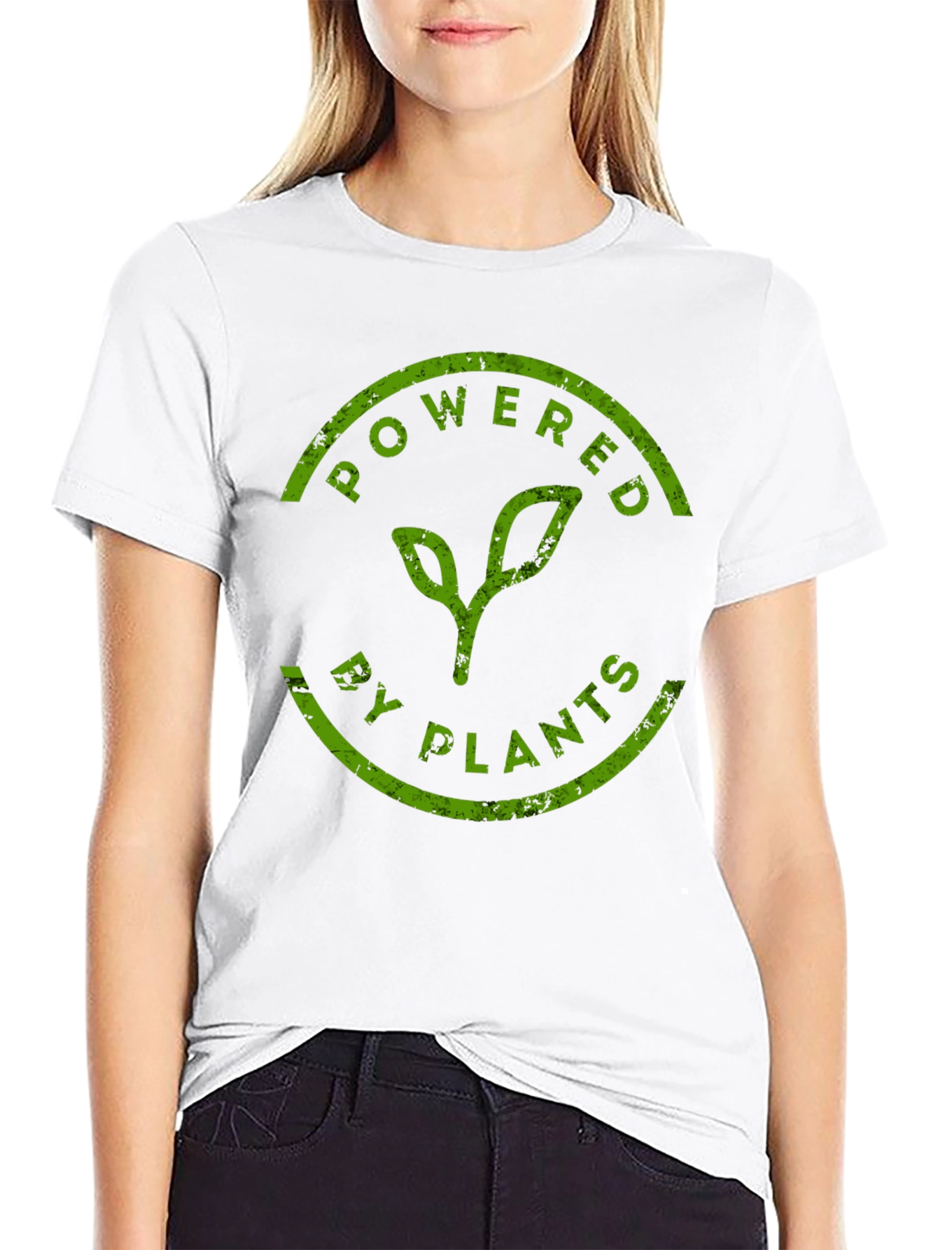 Powered By Plants T-Shirt - Green Print Black Tee