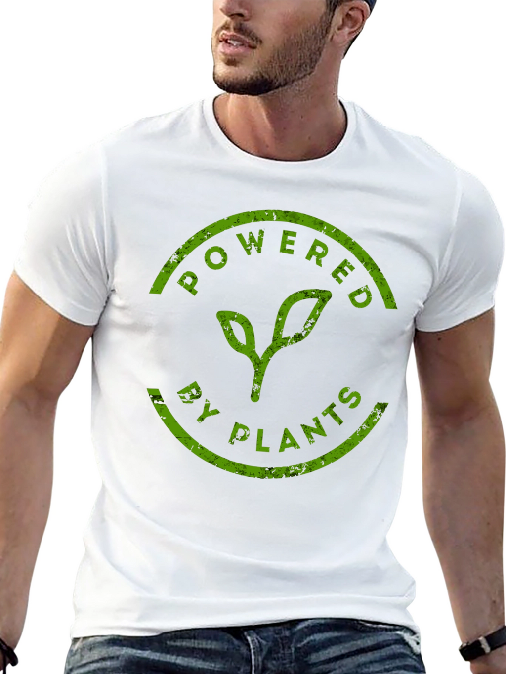 Powered By Plants T-Shirt - Green Print Black Tee