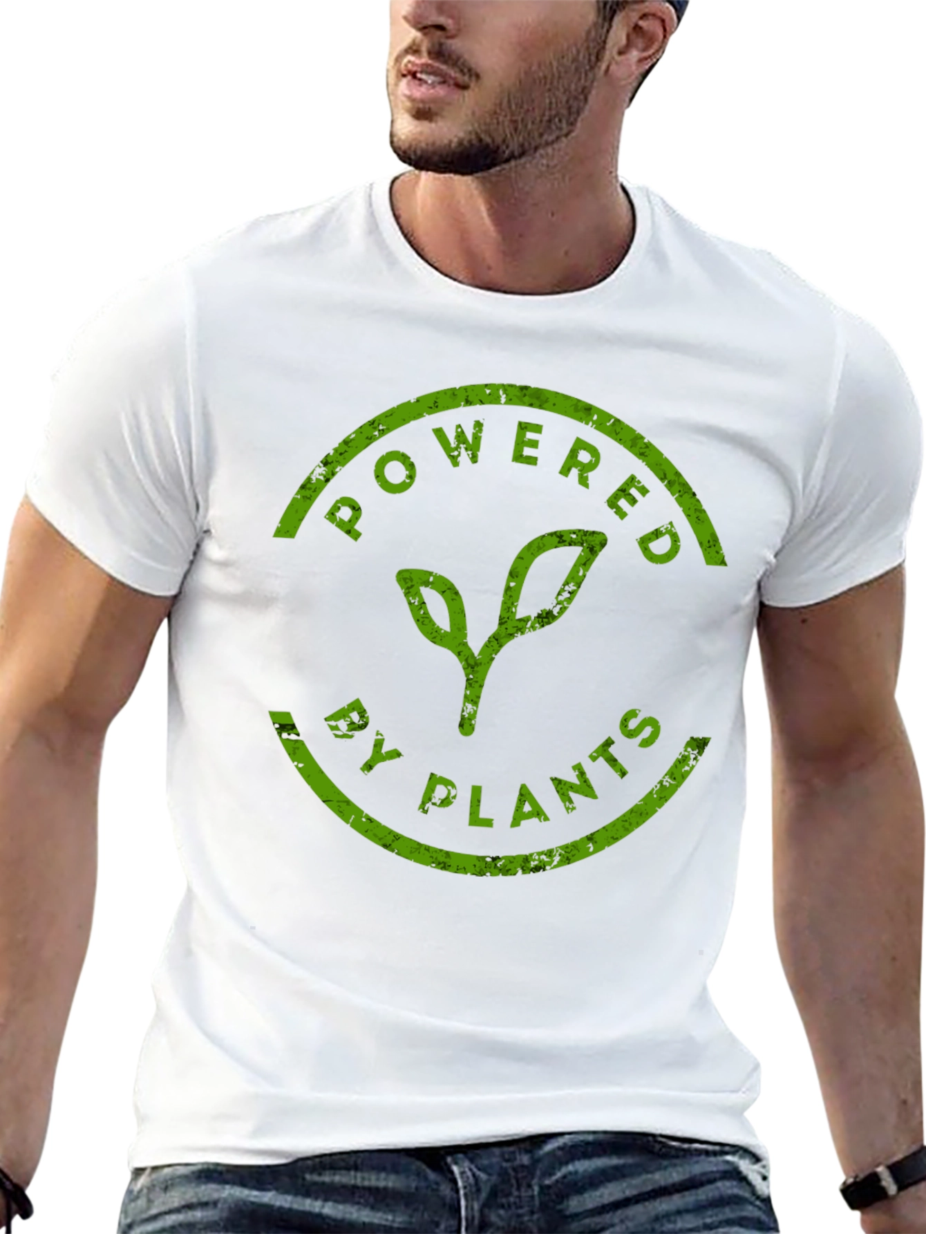 Powered By Plants T-Shirt - Green Print Black Tee